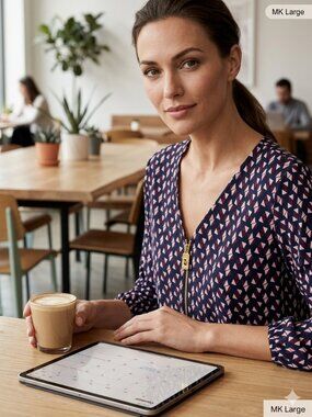 Michael Kors Women's Large Navy Geometric Triangle Print 3/4 Sleeve Half Zip